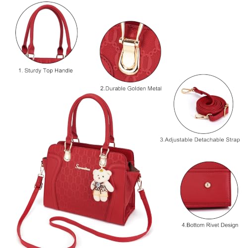 Image of Women's Fashion Handbag Tote Bag Shoulder Top Handle Satchel Purse Set 4pcs | Stylish Style,Chain Texture Design,Ample Space,Bear Doll Decoration,with a Crossbody Strap