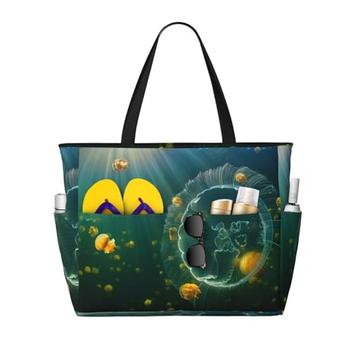 Jelly Fish Print Large Beach Tote Bag for Women Extra Large Capacity Sandproof Waterproof Pool Bag Suitable for Swimming Pool Gym Groceries Travel