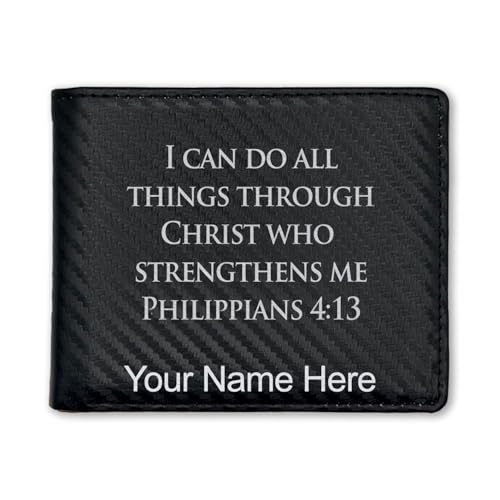 LaserGram Faux Leather Bi-Fold Wallet, Bible Verse Philippians 4-13, Personalized Engraving Included (Carbon Fiber Black with Silver)