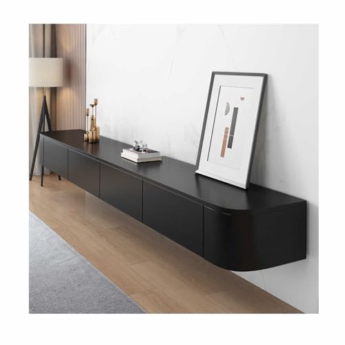 Moderno soporte de TV flotante negro – Armario de entretenimiento de madera con cajones de almacenamiento y puertas abatibles para sala de estar y oficina – Mueble de consola multimedia elegante