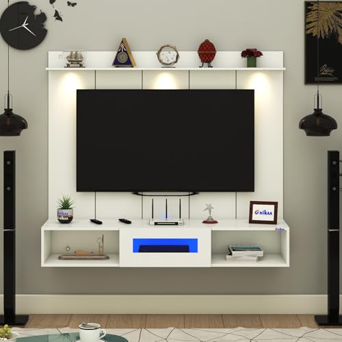 Image of Anikaa Novus PVC Back Panel Wall Mounted TV Unit with Spot & Blue Ambient LED Light - Acrylic Storage Box, Display Shelf & Soft-Close Hinges | Ideal for UP to 50 Inch TV (White - DIY Installation)