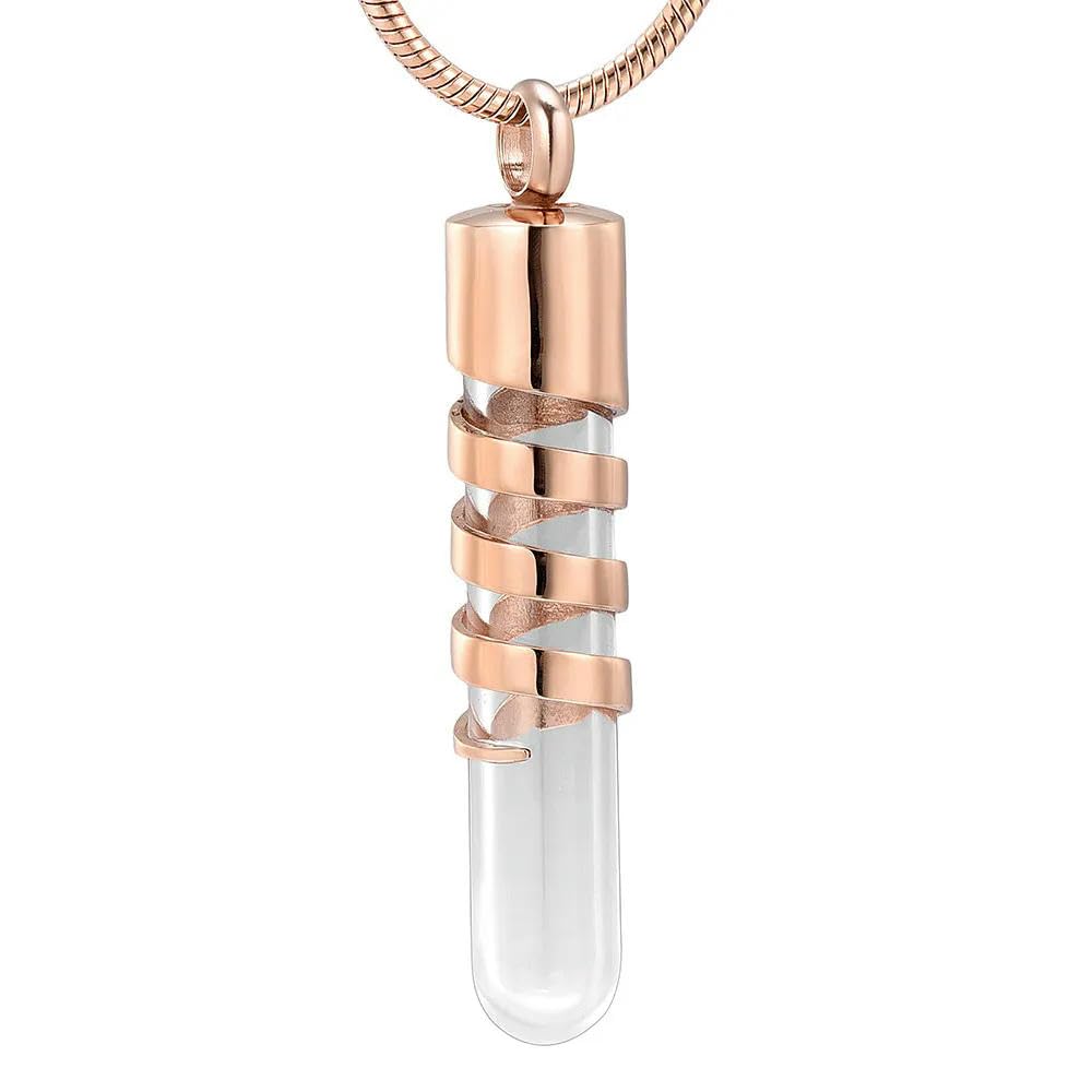 Urne funéraire en or rose et collier pendentif commémoratif cylindrique en verre
