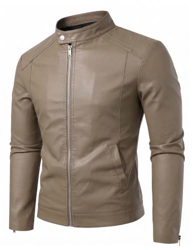 Zbrandy Mens Leather Jacket Faux Leather Motorcycle Jackets Stand Collar Biker Coat Outwear Khaki XL — view 3