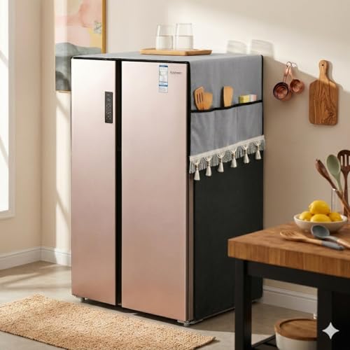 Image of Decorative Fridge Cover Top with Tassel Lace for Double Door Refrigerator - Waterproof, Dustproof & Washable Polyester Fridge Cover with 6 Side Pockets for Kitchen Accessories (Grey)