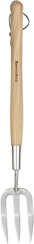 Berry&Bird Tenedor de mano de jardinería, tenedor de acero inoxidable de mango largo de 22.6 pulgadas, herramienta tradicional de horquilla de mano