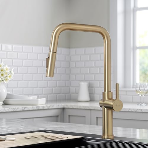 Image of Ruhe Opulo Dual Flow Pull-out Kitchen Mixer Faucet - Brushed Gold | 360 Swivel | Hot & Cold Water Faucet | Single Lever Tap | Table Mounted Kitchen Sink Tap