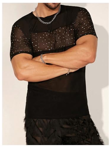 SweatyRocks Men's Rhinestone Sheer Mesh Short Sleeve Crew Neck T Shirts Party Tops3