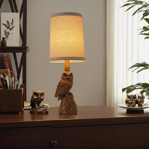 OWBEFERY Vintage White/Wood Grain Owl Table Lamp - Resin Sculpture Base & Linen Shade | 16.5in Height Decorative Lamp for Bedroom/Study | Rocker Switch (BW-1)