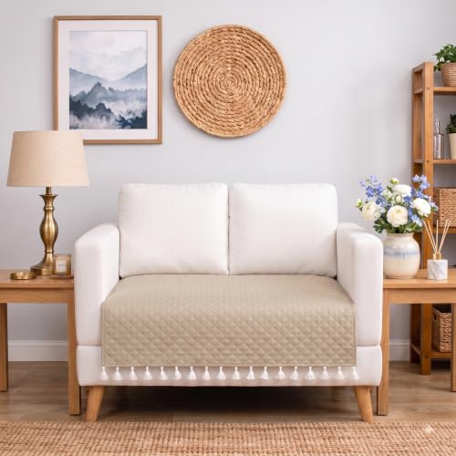 Image of BSB HOME 300 TC Premium Sofa Cover, Quilted Sofa Seat Cover with Decorative Tassels, Soft Comfortable Couch Protector, Stylish Furniture Cover for Living Room, 60 x 48 Inches (152 x 122cm) - Warm Sand