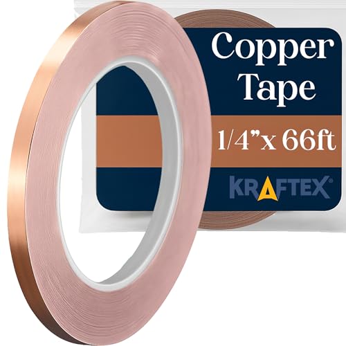 Image of Kraftex Copper Tape 1 /4 inch x 66ft. Copper Foil Tape for Stained Glass Soldering with Conductive Adhesive. Great Shielding for Guitars, EMI Shielding, Jewlery Making and Crafts