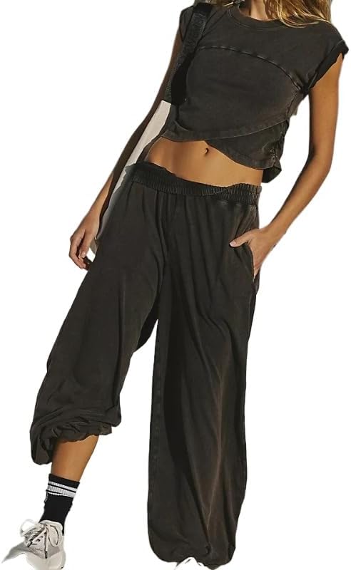 Women's sleeveless slim fit top wide leg pants set casual solid color cross exposed navel sports two-piece set