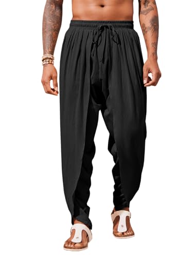 Runcati Mens Linen Harem Pants Casual Elastic Waist Pants Baggy Boho Hippie Yoga Summer Beach Kurta Dhoti Trousers Black