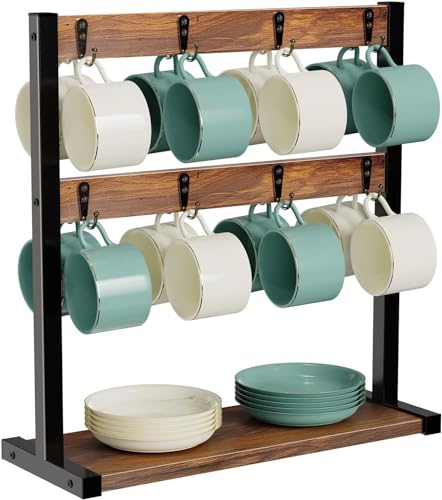 MEETOZ Vintage Wood Coffee Mug Holder Stand, 2 Tier Countertop Tree Rack with 16 Hooks for Cups, Countertop Cups Display Rack with Wood Base for Kitchen Coffee Bar Storage and Display