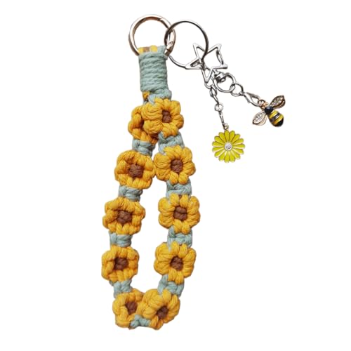 FAUDRECRO Wristlet Flower Keychain, Macrame Boho Crochet Keyring, Wrist Lanyard,