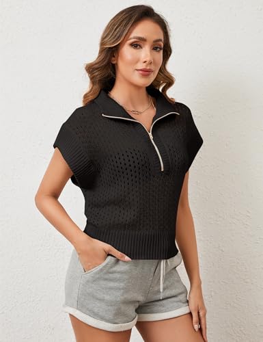 Image of Womens Spring Cap Sleeve Crochet Sweaters Loose Fit Quarter Zip Lightweight Hollow Out Beach Vacations Clothes