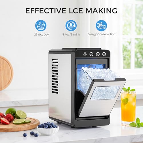 Image of COWSAR Ice Maker Countertop, Portable Ice Machine with Self-Cleaning, 8 Cubes in 6 Mins, 26 lbs /24Hrs, Quiet Commercial Compact Ice Machine for Home, Camping, Bar, Stainless Steel Sliver