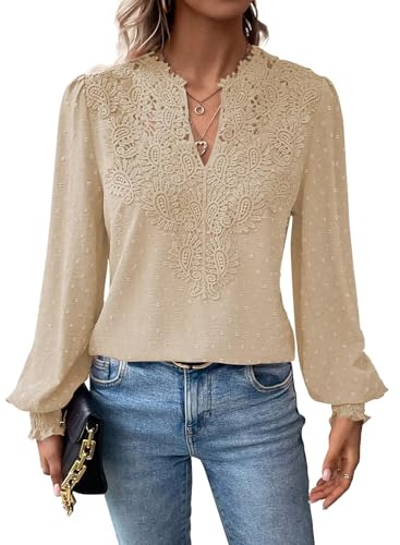 Falechay Bohemian Tops For Women Dressy Cute Womens Blouse Apricot Shirts For Women Solid Pullover V Neck Flowy Tunic Top Fall Loose 2Xl