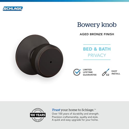 Image of Schlage F40 BWE 716 Bowery Door Knob, Bed & Bath Privacy Lock, Aged Bronze