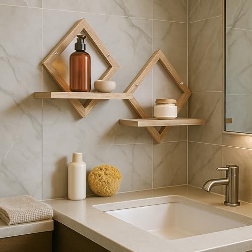 FURAOMEILI Schweberegale für die Wand,dekoratives Wandregal,hängendes Regal für Pflanzen,Aufbewahrung und Präsentation,Innenraumdekoration für Wohnzimmer,Zuhause,Büro,Massivholz,Diamantform,2er-Set