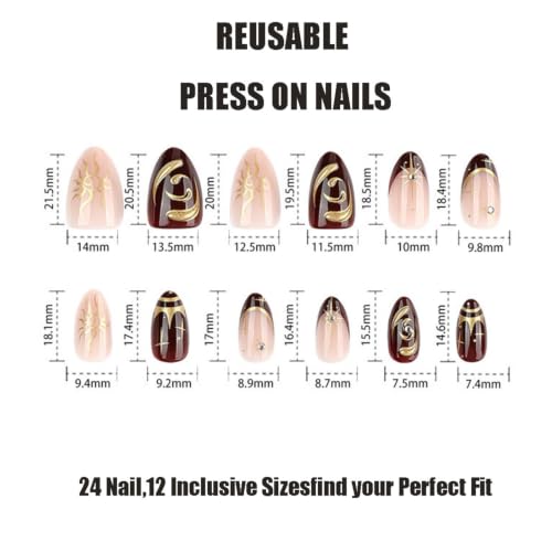 Image of Dark Red Press on Nails Short Almond Fake Nails Gold Sun Star False Nail | with Rhinestone Design French Tip Nail Press ons Glossy Full Cover Nude 3D Gold Line Stick on Nails for Women Manicure 24Pcs