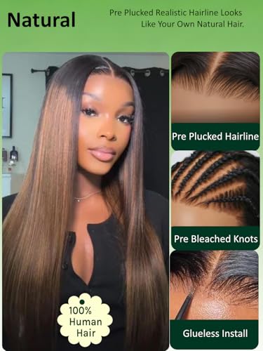 Image of KLAIYI Pre Everything Yaki Straight Glueless Ombre Highlight Balayage Brown 13x4 Lace Front Wigs Human Hair Drawstring Pre Plucked Bleached Knots 30S Ready to Wear and Go Wig Beginner Friendly 16Inch