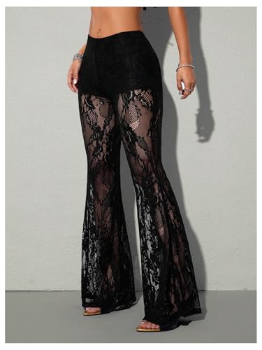 GORGLITTER Women's Gothic Lace Pants Sheer Mesh Flare Pants High Waisted Long Trousers Bell Bottoms4