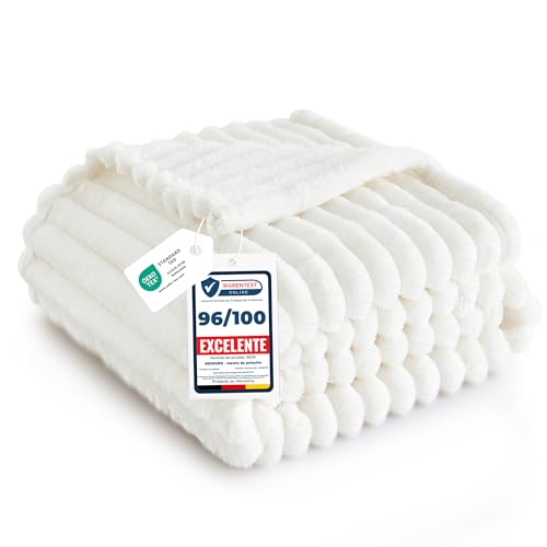 Bedsure Manta Suave y Esponjosa de Forro Polar, Cordón Gruesa, Cálida y Acogedora para Cama y Sofá, Blanco, 150 x 200 cm