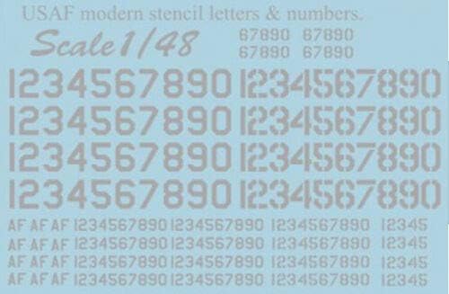 Print Scale 48-004 - 1/48 USAF Modern Stencil Letters & Numbers Grey, Wet Decal