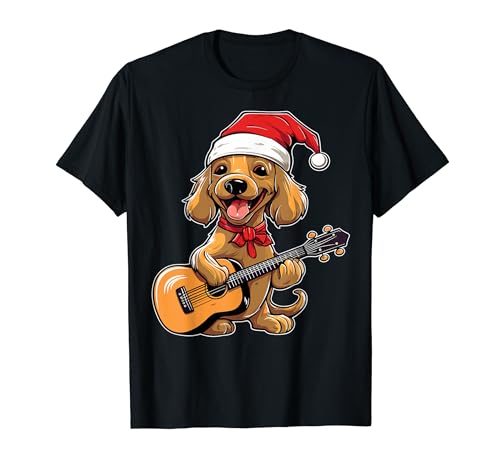 Dachshund Dog Playing Guitar Christmas Santa Hat Xmas Camiseta