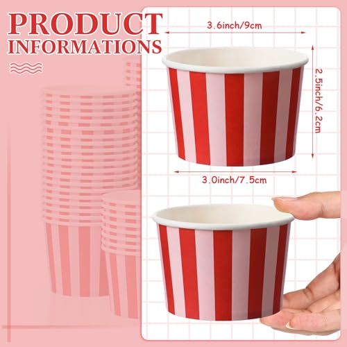 Image of Zopeal 50 Count Red and Pink Striped Ice Cream Cups Paper Dessert Bowls | 9 oz Disposable Ice Cream Bowls, Birthday Party Supplies, Snack Cups Sundae Picnic Yogurt Bowls for Food