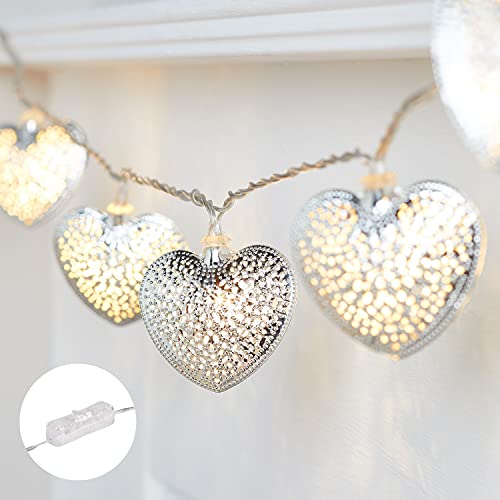 Lights4fun Guirlande Lumineuse 20 Cœurs Métalliques Argentés à LED Blanc Chaud Déco pour Intérieur