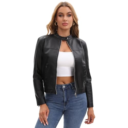 Veste de moto en cuir synthétique femme blouson décontracté noir