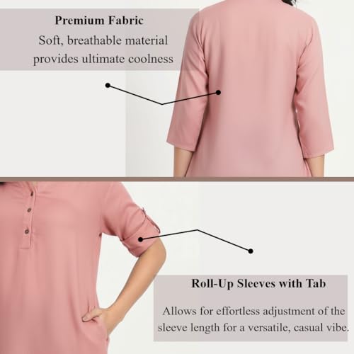 Image of Women's Roll-Up Sleeve Tunic Top, V-Neck with Button Front, Side Pockets, Rayon Short Kurti