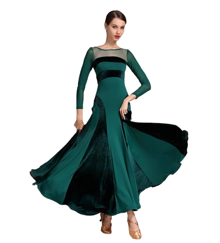 HEARTTOUCH Women's Ballroom Dance Competition Dress Modern Waltz Tango Standard Dress Long Sleeve Performance Costumes (Green,M,Medium)