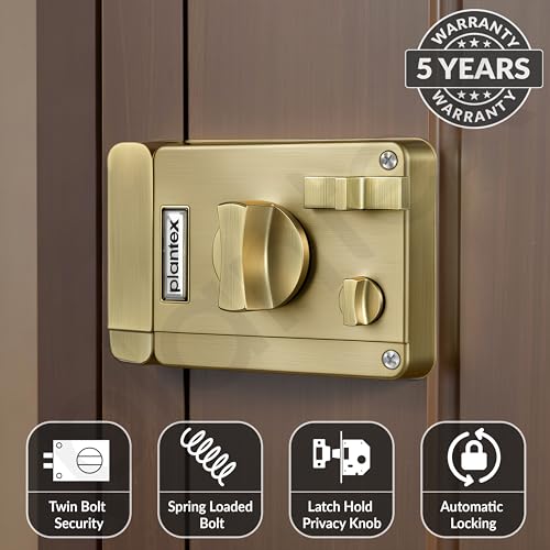 Image of Plantex Heavy Duty Night Latch Door Lock with Key & Knob for Main Door /Inside Opening for Home,Hotel,Office - Pack of 1 (Brass Antique)