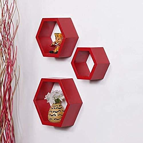 Image of Wooden handicrafts Dazzling Wall Rack Shelves Set MDF -Medium Density Fiber Home Decoration Wall Decor (Red, Hexagon 3)