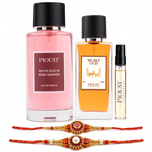 Image of PROUSTFRAGRANCES White Oud Perfume 100ml Raksha Bandhan Fragrance Gift Set | Musky Oud EDP 50ml, 2 Designer Rakhis & 1 Tester included | Premium festive combo with romantic floral and intense oud