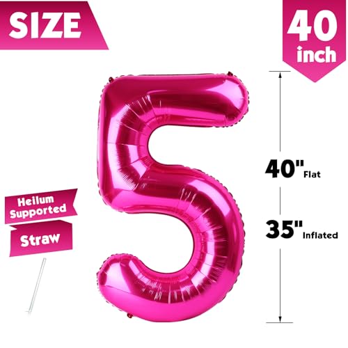 Image of 40 Inch Hot Pink Number 5 Balloon, 5th Birthday Party Decorations | 40 Inch Hot Pink inflatable foil number balloons, large birthday decorations for 5th birthday