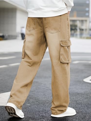 Image of Ben Martin Men's Denim Cotton Cargo Jeans || Stretchable Baggy Fit || High Waist Loose Cargos for Men with Box Pockets || Stylish Gen-Z Streetwear || Sizes 28-40 || Black, Khaki, Grey & More