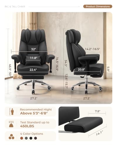Image of Big and Tall Office Chair, Computer Desk Chair with FootRest, Black | High Back Leather Gaming Chair with Lumbar Support, Heavy Duty Ergonomic Executive Office Chair for Home Office Gaming