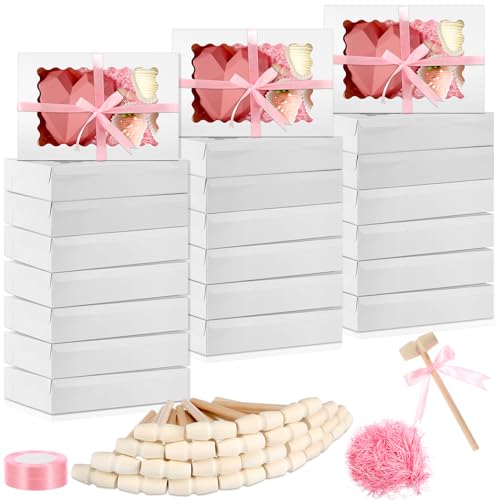 TaoBary 24 Sets 12 x 8 x 2.5'' Valentine's Day Strawberry Boxes with Window Gifts White and Wooden Hammer for Chocolate Toy Hammer Small for Kids Chocolate Breakable Bear Mold Wedding Graduation