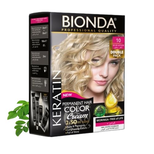 Tinte permanente BIONDA Professional Color Cream 10, rubio muy claro, 200 ml, pack doble, queratina y moringa, color intenso y duradero con brillo, cobertura 100% de canas