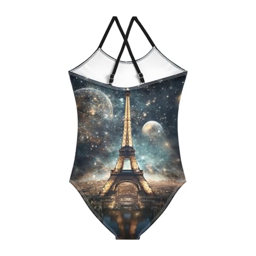 Image of ALAZA Paris Eiffel Tower and Moon Girl's Swimsuits Bathing Suit One Piece Beach Swimwear