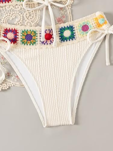 Women's Floral Embroidery Halter Padded Bikini Set Cut Out Boho Bathing Suit Swimsuit4