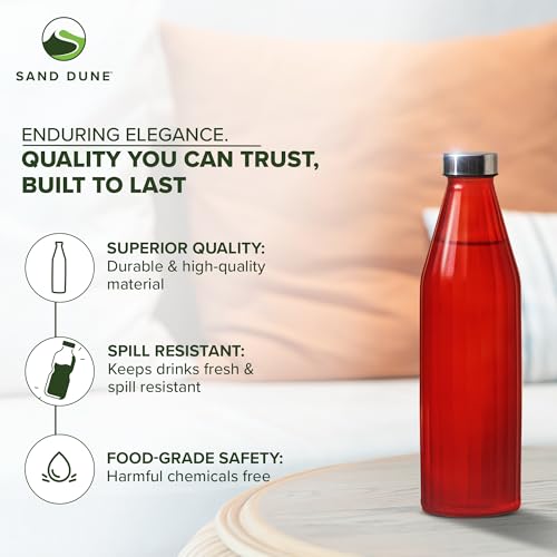 Image of SAND DUNE RedColour Glass water bottle, 800 ml Each, Set of 1, with Leak-Proof Airtight Stainless-Steel Lid for Water, Smoothie, Juices - Reusable Travel Glass Drinking Fridge Bottles