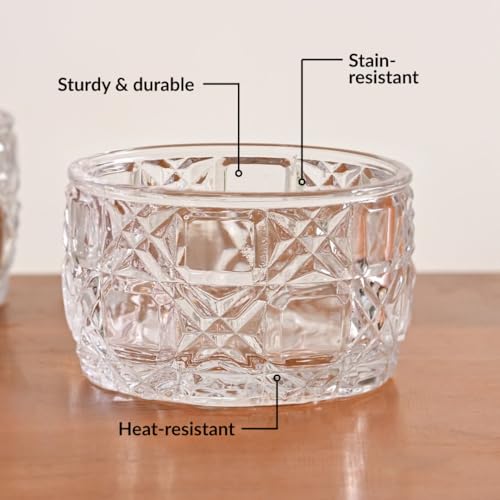 Image of Nestasia Small Glass Chutney Bowls Set of 6 (160ml Each) - Heat Resistant & Chip Resistant Ice Cream Bowls for Dips, Sauce & Pickles | Embossed Transparent Katori with Gift Box - Ideal for Gifting