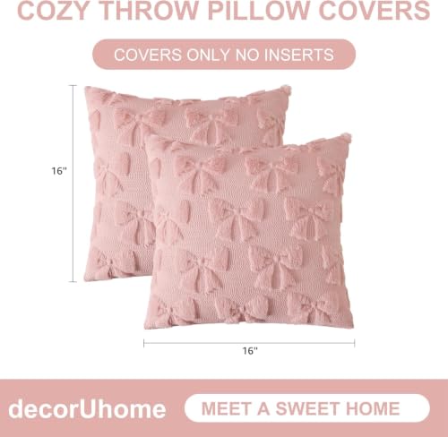 Image of decorUhome Pink Bow Cute Girl Faux Fur Throw Pillow Covers 16x16 Set of 2