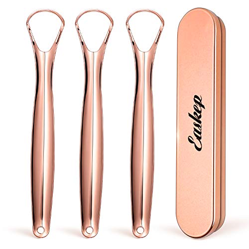 Tongue Scraper Cleaner with Nice Travel Case, Easkep 3 Pack 100% Professional Reusable Stainless Steel Tongue Scrapers Cleaners, for Adults, Kids, Rose Gold, Silver (Single Handle, Rose Gold)