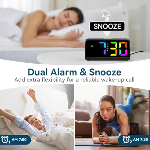 Image of Netzu Loud Alarm Clock for Heavy Sleepers, RGB Alarm Clocks for Bedrooms Seniors Kids, Plug in Digital Clock with 5 Dimmers, 2 Alarms, 4 Volumes and Snooze