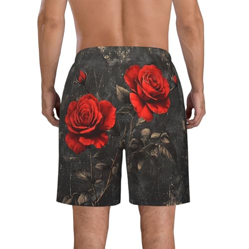 Mens Swim Trunks Board Shorts Quick Dry Shorts with Pockets - Black Red Rose Flowers Floral Retro3